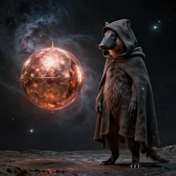 an aardvark, wearing a hooded cloak, stands next to a levitating copper orb, eel nebula, by mike davis