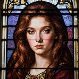 most beautiful face young woman inscribed in the stained glass of gothic church, detailed, photorealistic, cinematic