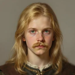portrait of a 3 5 - year - old human male noble with long blonde hair and a mustache, green eyes, medieval setting, detailed face, highly detailed, digital painting, artstation, concept art, sharp focus, illustration, by greg rutkowski, craig mullins, kenne gregoire