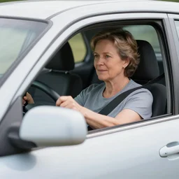 color still of a 7 0 year old white woman driving a nissan sentra in a forest, bright sunny day,