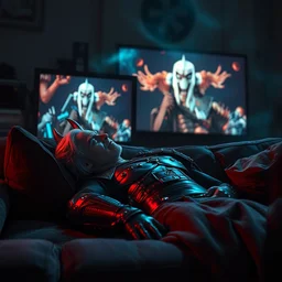 a witcher batman lying on couch front of tv, depressed, vibrant, life changing, dramatic, cinematic lighting, digital art, ultra sharp, extreme details, sinful and petty by gerald brom and zadislaw beksinksi and giger