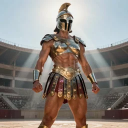 large and strong female gladiator standing in the arena, muscular and mighty, full helmet, low angle, sunshafts, by donato giancola and ralph horsley, centered, soft lighting, detailed
