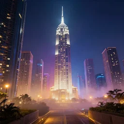 a luxury city, vray rendering. lightning, cinematic lighting, fog. john berkey, sunny pandita. colorful lights