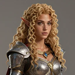 complex 3 d hyper realistic smooth ultra sharp render of a gorgeous high elf princess paladin woman | tanned skin, curly dirty blonde hair, freckles | d & d, medieval, fantasy | art by oh jinwook + 吵 集 仁 儿 on artstaion + takeshi obata + alphonse mucha