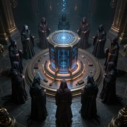 a highly advanced quantum computer!!! a dark cabal of multiple hooded elven mystics in long robes gathered in a circular formation around a quantum computer, advanced technology, dan seagrave, michael whelan art, beautifully detailed epic scifi art, symmetrical, cgsociety, artstation