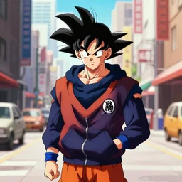 Goku in the City Streets wearing a Hoodie