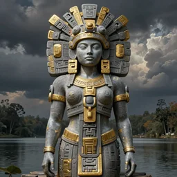 beautiful aztec inca woman colossus full body well proportioned stands on lake by eddie mendoza hyperrealism expressive cyborgess symmetrical very very detailed giger beksinski grey and gold