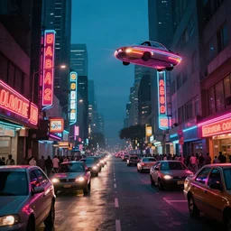 photograph of a neon lit - african urban street with flying cars,