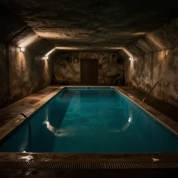 underground hotel pool, dingy, dark lighting, liminal space,