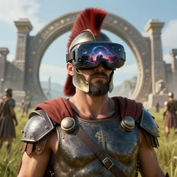 very detailed portrait of spartan warrior at field wearing vr glasses, witnessing the history and future, in front of magical time gate, realistic render, 3 d octane unreal engine, 8 k high detailed with natural lighting