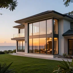a country house with sea view, with tall glass windows, with sunset, realistic photo, professional lighting