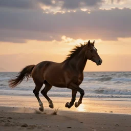 a horse running on the beach at sunset by greg rutkowski