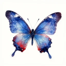 butterfly, blue and red paint splatter on white background, digital watercolor, beautiful airy painting