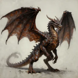 dark ancient winged dragon, rusty body, gritty, full body concept, by beksinski, weta workshop concept art, ruan jia, edward hooper, oil painting