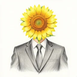 man with a sunflower instead of a head wearing a business suit, color pencil sketch