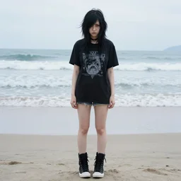 pale emo girl with black hair annoyed on the beach, full body