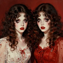 beautiful but sinister sisters in layers of fear, with haunted eyes and curly hair, 1 9 7 0 s, seventies, delicate embellishments, a little blood, crimson, painterly, offset printing technique, mary jane ansell