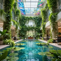 A beautiful overgrown office interior flooded with crystal clear water, lily pads, thick and rich vines on the walls, tall ceiling, digital art, trending on Artstation
