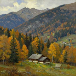 a highly detailed, 4 k, alpine landscape with a cottage, dense trees, fall, 1 7 0 0 s, by edward hopper, new artstation artist,