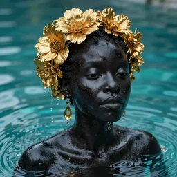 hyperrealistic postrococo cinematic very expressive! black oshun goddess, in water up to her shoulders, mirror dripping droplets!, gold flowers, highly detailed face, digital art masterpiece, smooth eric zener cam de leon dramatic pearlescent volumetric teal light, high angle uhd 8 k, sharp focus