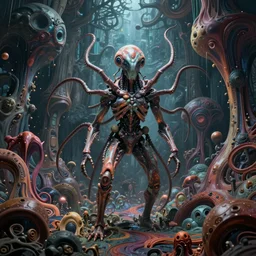 Prometheus biological sci-fi environment set in a nightmarish universe of odd forms and somber tapestry, HR Giger and Vincent Di Fate, vivid color scheme, featured in artstation, octane render, cinematic, elegant, intricate, 8k