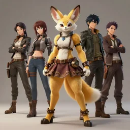 wide angle beautiful full body portrait of a strong female anthropomorphic anthro fennec fursona wearing a steampunk skirt. character design by disney, anime, manga, charlie bowater, ross tran, artgerm, and makoto shinkai, detailed, soft lighting, rendered in octane