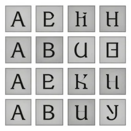 latin alphabet in square boxes, mathematical, symmetrical, grayscale