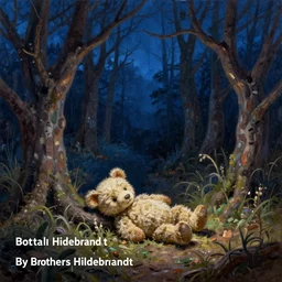 fantasy oil painting, tiny teddy bear laying on ground, surrounded by dead trees, blue night time, deep dark forest, extremely detailed, intricate, cottagecore, readability, concept art, sharp focus, art by brothers hildebrandt