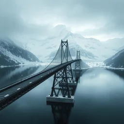 a very long thin elfic black bridge across a lake, aerial view, architectural, background of snowy mountain, matte painting by christophe young and raphael lacoste, trending on artstation