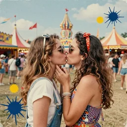 two women kissing at a carnival, mixed media collage, retro, paper collage, magazine collage, acrylic paint splatters, double exposure,