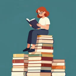 a young woman with red hair and glasses sits on top of a tall pile of books. she is reading. cel shaded vector art. shutterstock. behance hd by artgerm, jesper ejsing, by rhads, makoto shinkai and lois van baarle, ilya kuvshinov, rossdraws, illustration, art by ilya kuvshinov