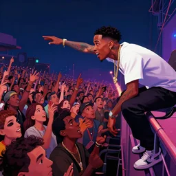 rapper leaning over huge crowd reaching up to him, digital art, vapor wave, hip hop, trending on Artstation, professional artist, detailed, 4k