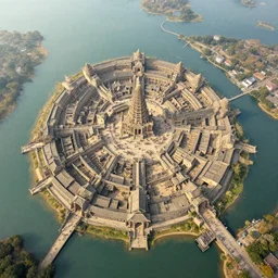 ancient city filled with people by water, greg rutkowski, zabrocki, karlkka, jayison devadas, trending on artstation, 8 k, ultra wide angle, zenith view, pincushion lens effect
