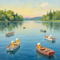 a beautiful scenic painting of a lake filled with beer with various esoteric boats floating on it by fkey and wlop