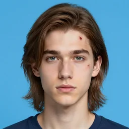 a young man with shoulder length brown hair, with a scar on his forehead. blue uniform. serious expression, handsome, rugged, kaladin stormblessed, way of kings, artgerm, portrait, sketch, rpg, dnd