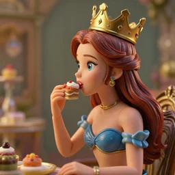 highly detailed closeup, profile portrait of a tin toy fairytale princess wearing a crown eating cakes, bikini, unreal engine, nicoletta ceccoli, mark ryden, earl norem, lostfish, global illumination, detailed and intricate environment