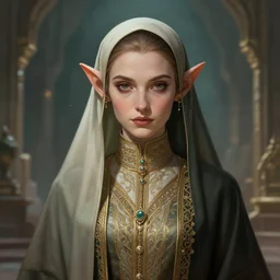 high focus f - 2 2, 8 5 mm : a wonderful realistic focused portrait of muslim elf, dramatic light, dystopian environment, intricate, elegant, highly detailed, centered, digital painting, artstation, concept art, smooth, sharp focus, illustration, artgerm, tomasz alen kopera, peter mohrbacher, donato giancola, joseph christian leyendecker, wlop, boris vallejo