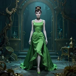 in the style of joshua middleton, beautiful audrey hepburn, aquapunk, bioshock, full body green dress, elegant pose, spooky, symmetrical face symmetrical eyes, three point lighting, detailed realistic eyes, insanely detailed and intricate elegant, artgerm, underwater home