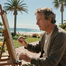 a cinematic extreme close - up of ( ( ( middle aged man wearing a cardigan sitting at a painting easel in his beachside backyard, palm trees and flowers, brick patio, overlooking the ocean ) ) ), fantasy art, highly detailed matte painting, telephoto lens 2 0 0 mm, by stanley artgerm lau, greg rutkowski, thomas kinkade,