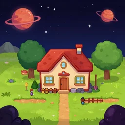 in front of a house that is part of a small colony on a strange planet, from a space themed Serria point and click 2D graphic adventure game, high quality cartoon style graphics