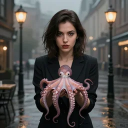 a portrait in a dark cafe, a woman holding an octopus, streetlamps, wet, puddles, wild berries, rats, ikebana, neo - expressionism, surrealism, acrylic and spray paint and oilstick on canvas