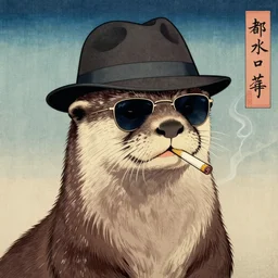 a portrait of an otter in a cool fedora hat and sunglasses smoking a cigarette in the style of ukiyo - e, ukiyo - e, high quality, trending on artstation