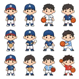 game asset sheet, material study, 2 d sprite, chibi sports ( baseball and basketball ) players