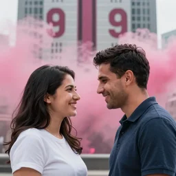a close up of a smiling couple of parents to be, in front of 9 / 1 1 with pink smoke, 8 5 mm, clear details, award winning