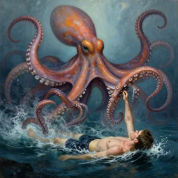 a dream fantasy painting of a giant octopus attack a swimming man, by beksinki, giger, greg rutkowski, carne griffith trending on artstation, deviantart, photorealism
