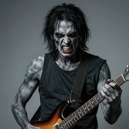 gray - skinned brutal scowling man with black hair and guitar