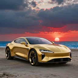 futuristic golden luxury car from the year 2052, professional studio photography, dramatic lighting, clouds, colorful red sunset, on the beach, blue water