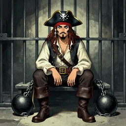 aesthetic digital illustration of a pirate wearing a ball and chain by miyamoto and alex horley - orandelli, sitting in a prison, centered, deviantart