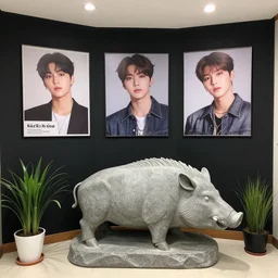 a kpop idol's apartment in seoul, kpop posters, a large stone wild boar sculpture, ikebana, black walls, bromeliad