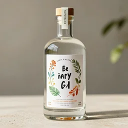 botanical gin flavor packaging design, blog colours, summer vide, glass bottle, playful, craft, packaging design, front label and bottle